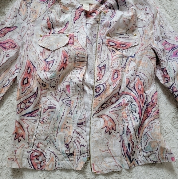 ✨CL Chico's 100% Linen Paisley Pastel Color Print Full Zip 3/4 Sleeve Blazer 0 - Picture 3 of 13